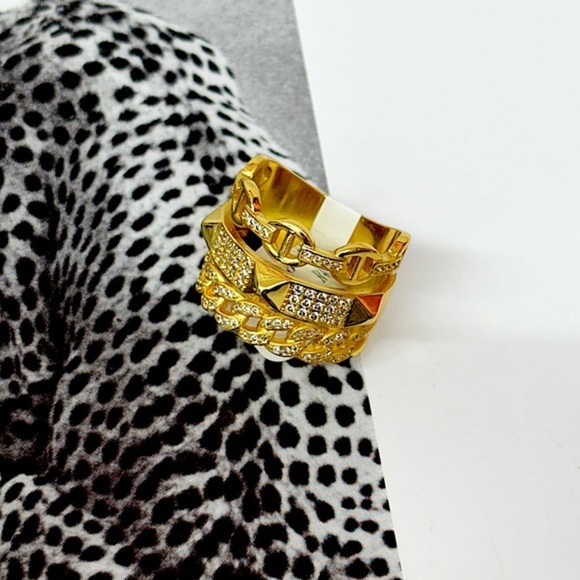3 Stacked Gold Rodium Chain Link Ring - Picture 1 of 3